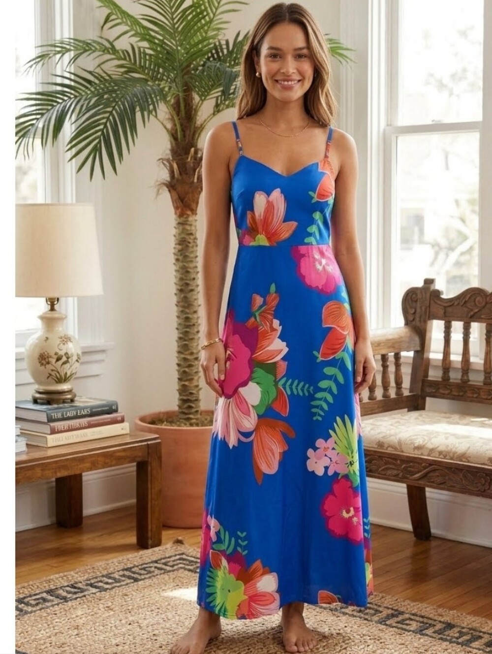 ⭐3/$30⭐️  Royal Blue Tropical Floral Tie Back Sleeveless Maxi Dress Medium/Large